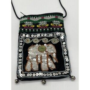 Sequin Elephant Crossbody Bag Womens Mini Black Boho Tribal Festival Zip Bells